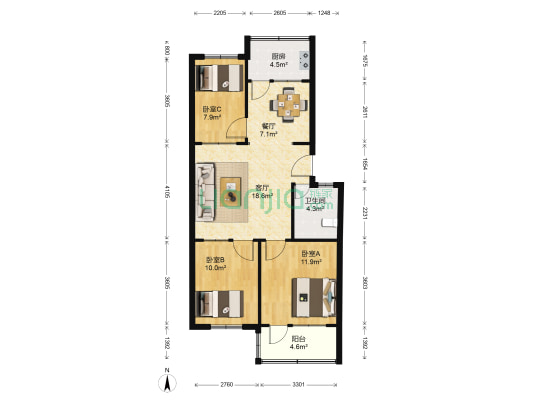 北苑 3室2厅1卫 89平方