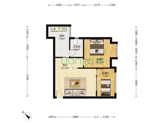 兴茂晶蓝公馆 2室1厅1卫 58平方