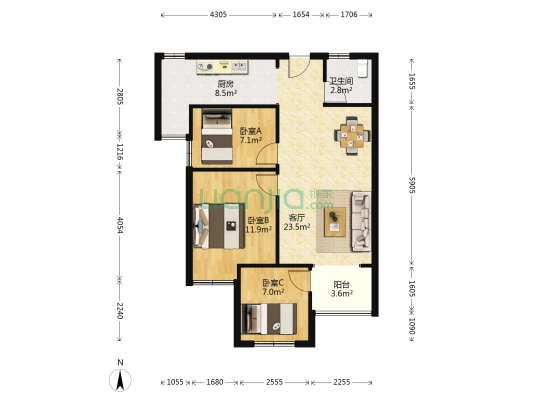 鹏程金色城市 3室1厅1卫 80平方