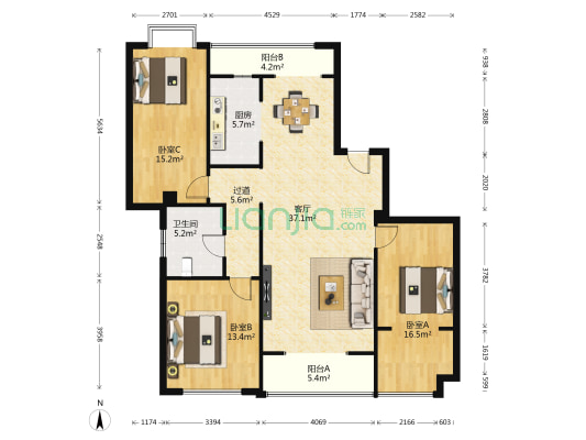 海航豪庭北苑一区 3室1厅1卫 147平方
