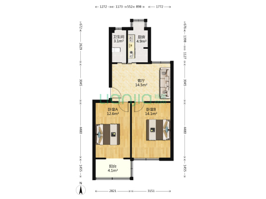 电车宿舍 2室1厅1卫 66平方