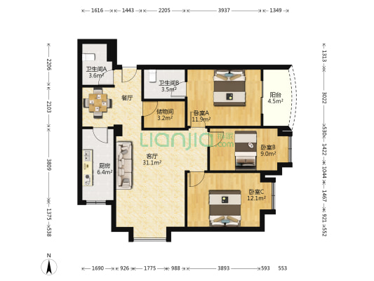 信泰公寓 3室1厅2卫 117平方