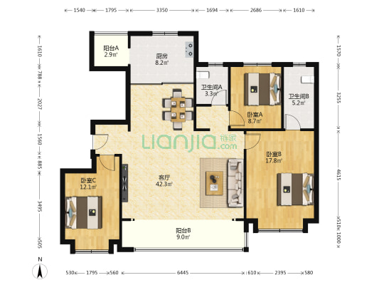 中海云锦西区 3室1厅2卫 145平方