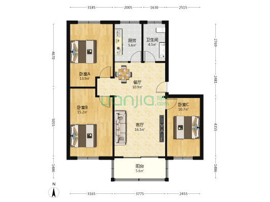宏程逸翠公寓 3室2厅1卫 105平方