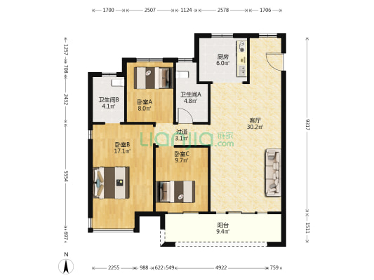 富田城九鼎华府十号院 3室1厅2卫 125平方