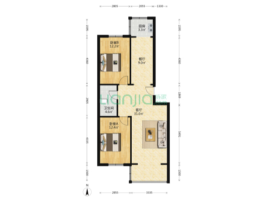 开发区高新水乡园南北通透两居中间楼层采光好税费低-户型图