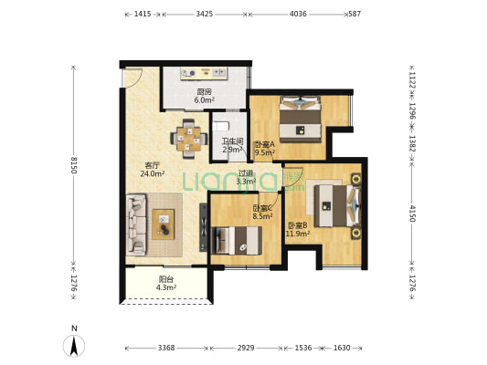 双福时代广场揽山 3室1厅1卫 90平方
