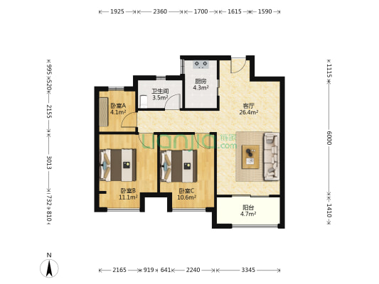 绿地澜庭二期 3室1厅1卫 88平方