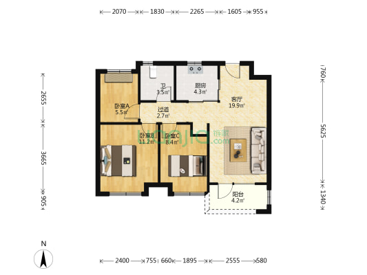 万科城市之光一期 3室1厅1卫 88平方