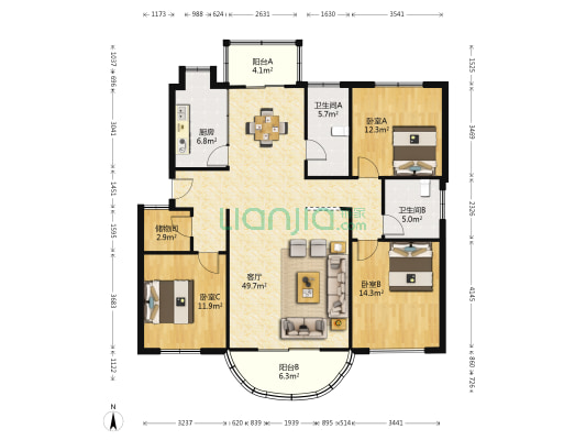 城市绿洲花园 3室1厅2卫 130平方
