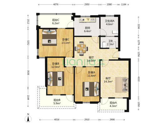 粮所小区 3室2厅2卫 98平方