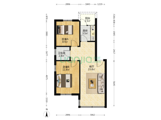 富裕花园 2室1厅1卫 63平方