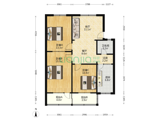 向阳路3号院 3室2厅1卫 91平方