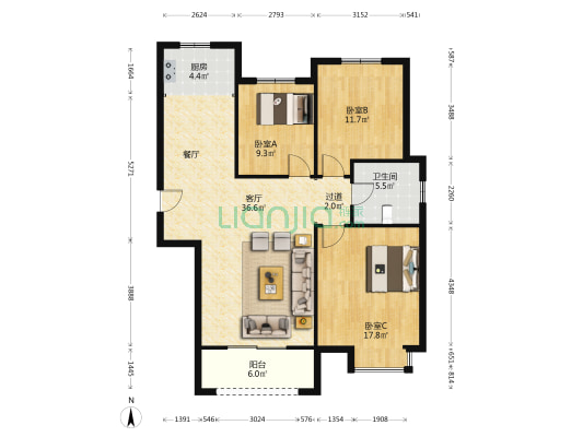 龙湖尚郡 3室1厅1卫 121平方