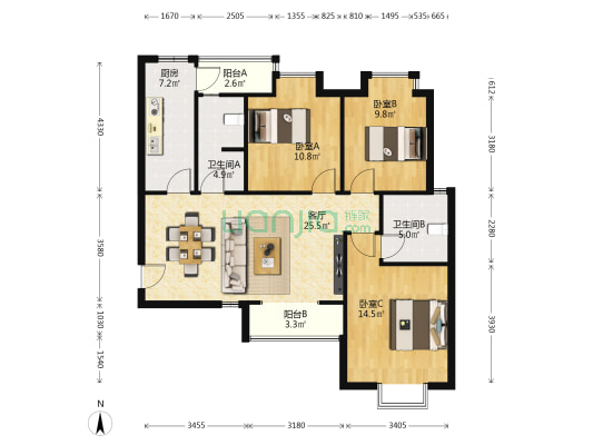 中欣楚天熙苑 3室1厅2卫 109平方