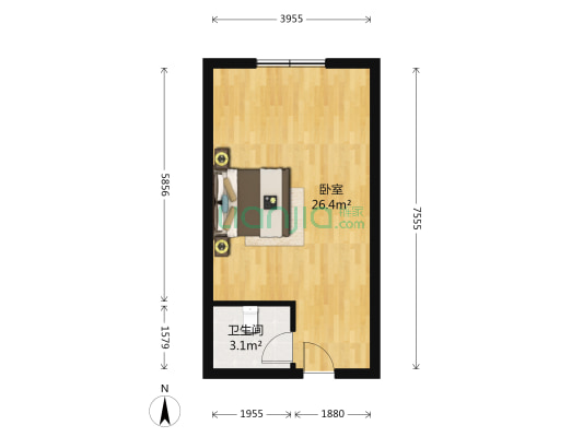 同善园银座 1室1厅 北-户型图