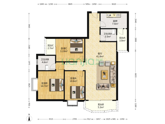 重庆科技学院杨家坪家属区 3室1厅2卫 127平方