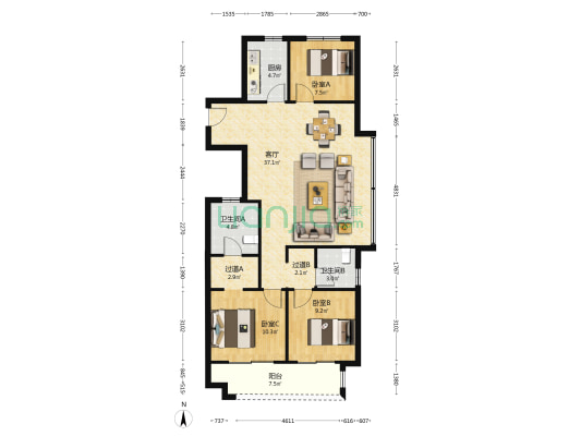 熙棠里南区 3室1厅2卫 120平方