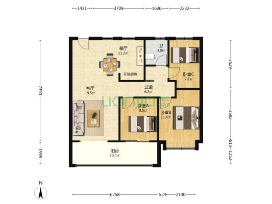 金地至尚 3室2厅1卫 106平方