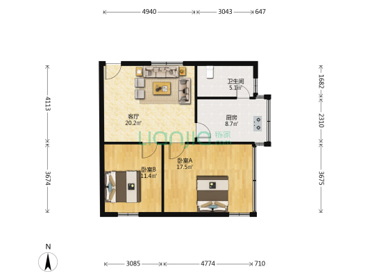 陕西路68号 2室1厅1卫 61平方