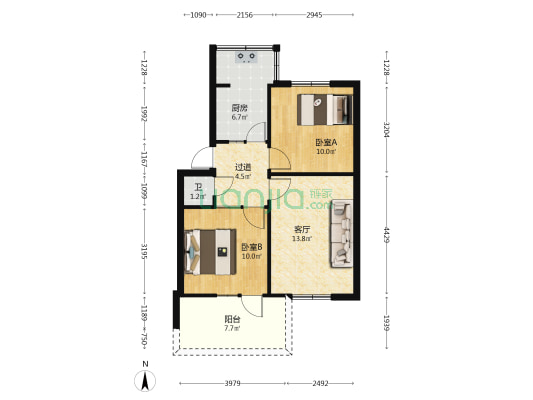 昆钢冶金机械厂宿舍 2室1厅1卫 51平方