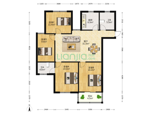 西小园公寓 4室1厅2卫 124平方