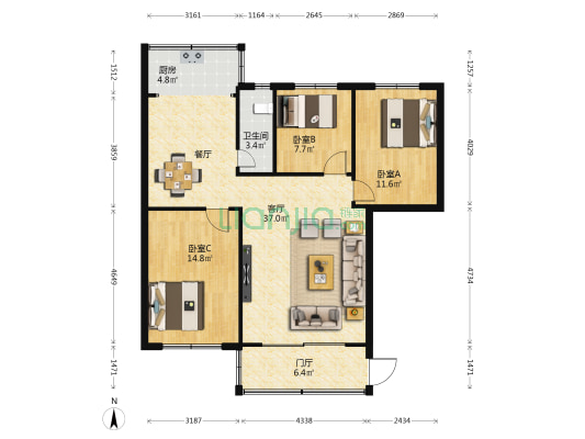 南方航空花苑 3室1厅1卫 85平方
