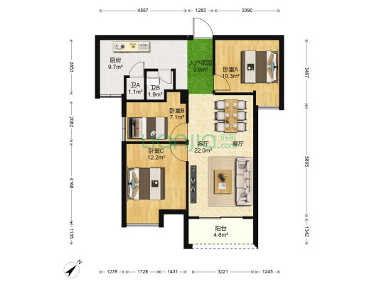中铁城禧第二期 3室1厅2卫 84平方