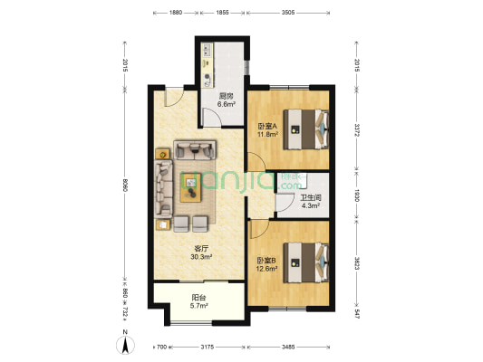 唐人中心G区 2室1厅1卫 96平方
