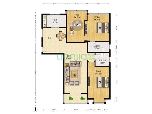 美罗嘉苑 3室1厅2卫 143平方