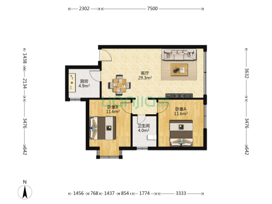华宇都市家园 2室1厅1卫 87平方