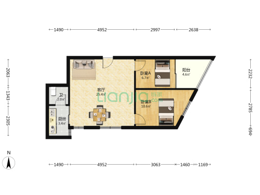 银轩铭誉 2室1厅1卫 71平方