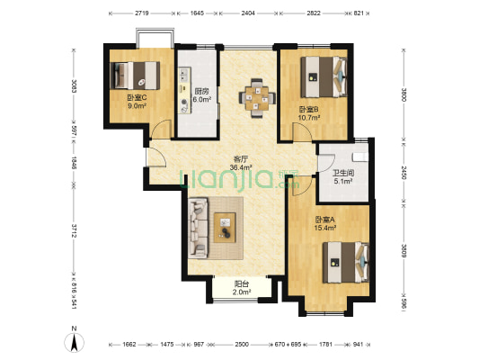宝翠花都听景园 3室1厅1卫 114平方