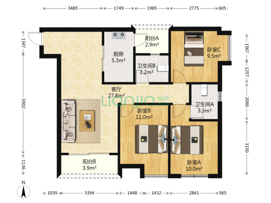 龙桥花苑五组团 3室1厅2卫 103平方