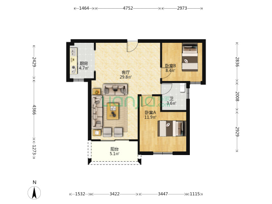 江南1号 2室1厅1卫 88平方