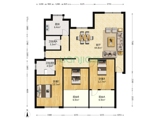 君和小区 3室1厅2卫 124平方