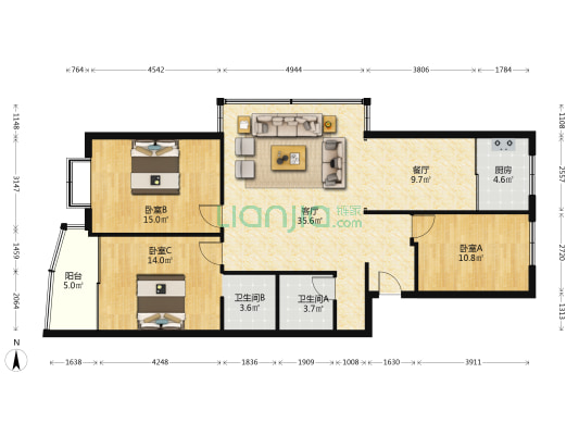 双排街257-287号（单数） 3室2厅2卫 127平方