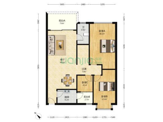 翠竹园 3室1厅1卫 105平方