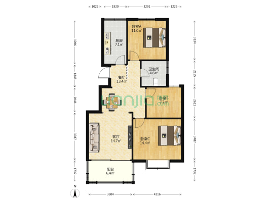 华静家园 3室2厅1卫 102平方
