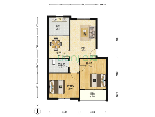 御苑枫景 2室2厅1卫 83平方