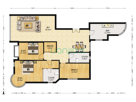 金海·江畔国际 2室1厅2卫 178平方