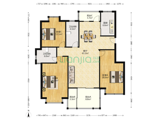 香格丽花园 3室1厅2卫 137平方