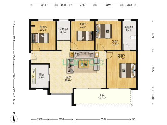 海德公馆 4室1厅2卫 124平方