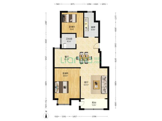 国恒南苑三期 2室2厅1卫 100平方