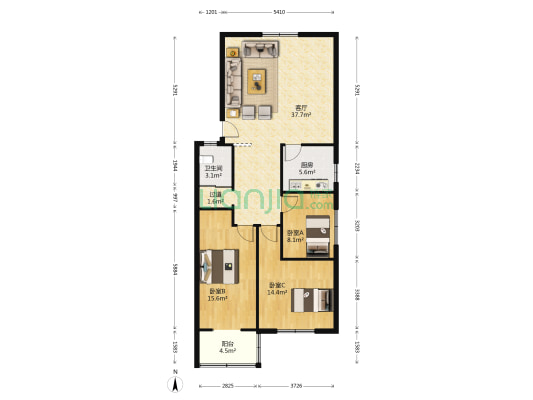 红旗巷5号 3室1厅1卫 107平方