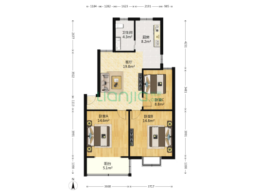 殷巷新寓69至92幢 3室1厅1卫 95平方