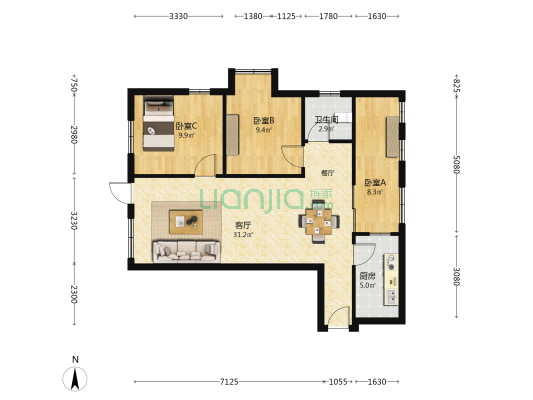 康悦花园 3室1厅1卫 80平方