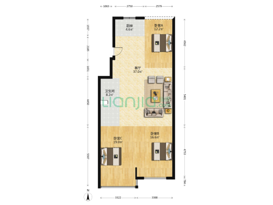 银座小区 3室1厅1卫 120平方