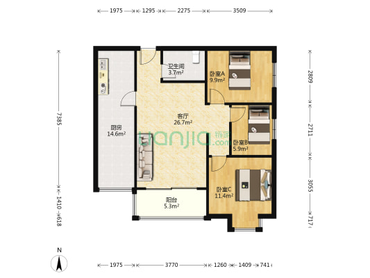 观水国际 3室1厅1卫 94平方
