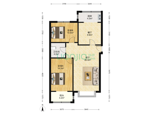周良水苑小区 2室2厅1卫 95平方